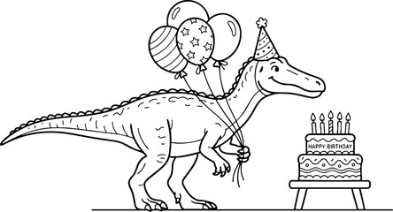 Fototapeta premium Dinosaur Birthday Celebration Coloring Page with Cake and Balloons