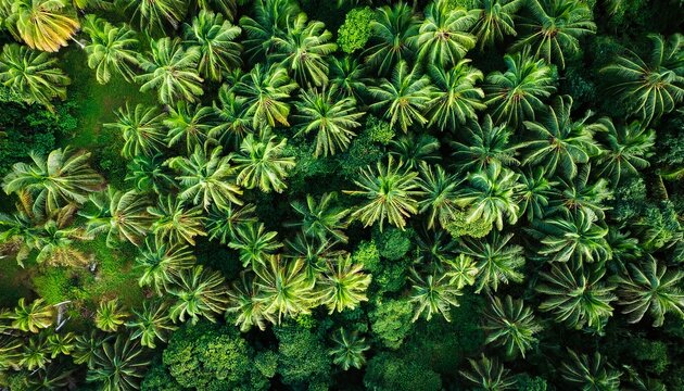 overhead shot of a vibrant tropical rainforest lush green palm trees