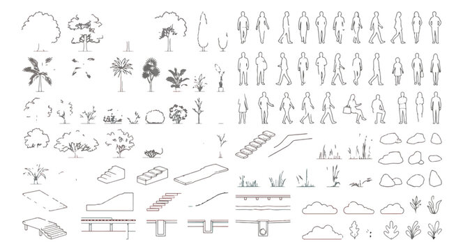 Hand-drawn architectural entourage vector set, minimalist line art people and trees, landscape design sketches for site plans and sections