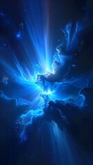 Fototapeta premium A breathtaking deep space view featuring a glowing blue nebula with radiant light rays and sparkling stars in a dark vast cosmic universe.