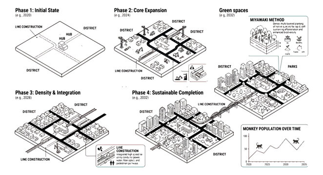 Urban planning infographic vector, sustainable city development phases from initial state to completion, isometric architectural master plan