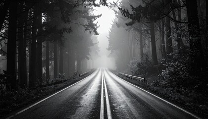 Fototapeta premium Eerie Road Through Dark Forest - A Monochrome Journey into the Unknown.