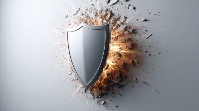 A strong shield breaking through a wall, symbolizing protection and resilience