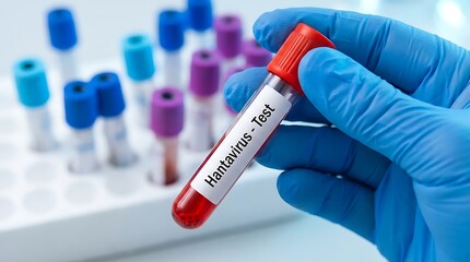 Fototapeta premium Medical laboratory technician wearing blue gloves holds blood sample tube labeled Hantavirus Test for diagnostic purposes in healthcare clinic with rack of vials.
