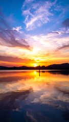 Fototapeta premium A breathtaking vertical view of a vibrant sunset over a calm lake with silhouetted mountains reflecting in the peaceful water surface at dusk.