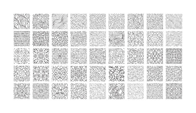 Collection of fifty unique hand drawn abstract doodle patterns in black ink white