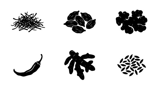 Hand-Drawn Spice Icons: Cardamom, Ginger, Chili Pepper, Cumin Seeds, Star Anise, and Saffron Threads Vector Set for Culinary Design