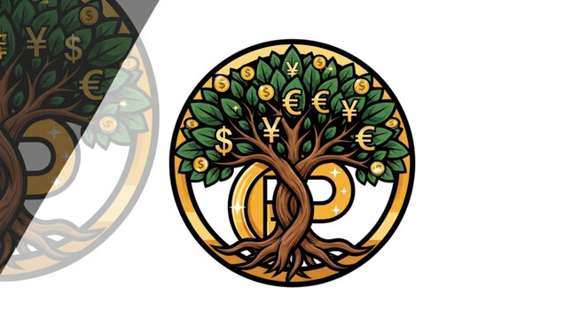 Money Tree Symbol with Currency Symbols and Circular Design.