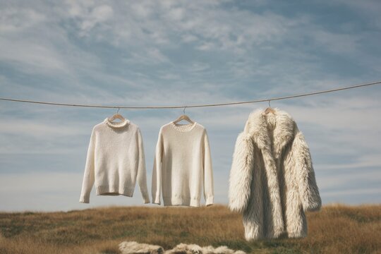 3 white cashmere sweaters hanging on a clothesline, next to them is one sheepskin coat, the background is a sky and grassland