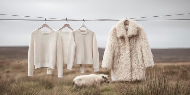 3 white cashmere sweaters hanging on a clothesline, next to them is one sheepskin coat, the background is a sky and grassland