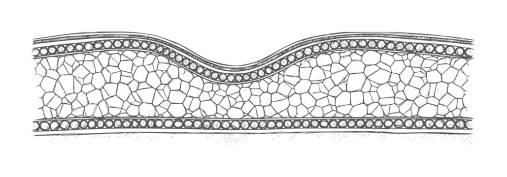 Cross section of a wavy stone wall with decorative border