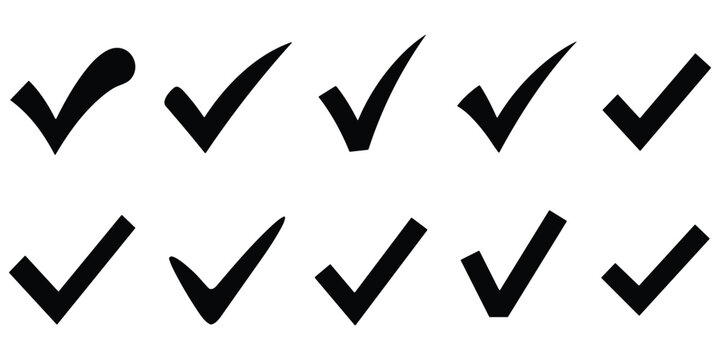 Various black tick mark symbols collection isolated on transparent grid for web and app projects