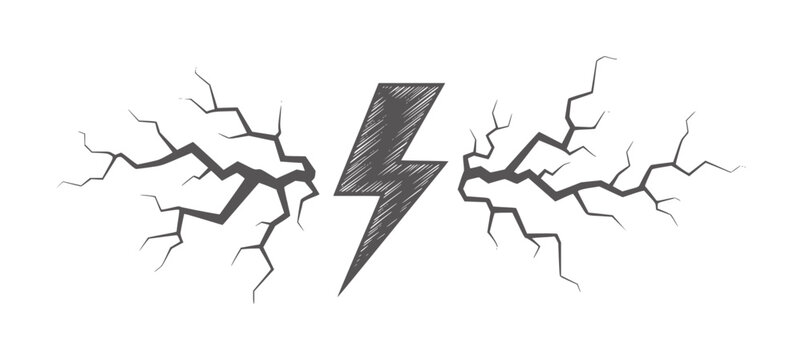 Dark grey lightning bolt symbol with cracked lines emanating outwards electricity