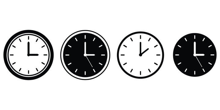 Four clock icons on transparent background, analog timepieces in different styles