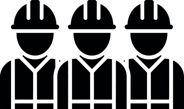 Three construction workers wearing hard hats and reflective vests standing together