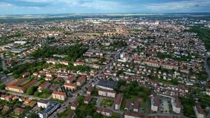 Obraz premium Panoramic aerial view around the old town of the city La Rivière-de-Corps in France on a sunny spring afternoon