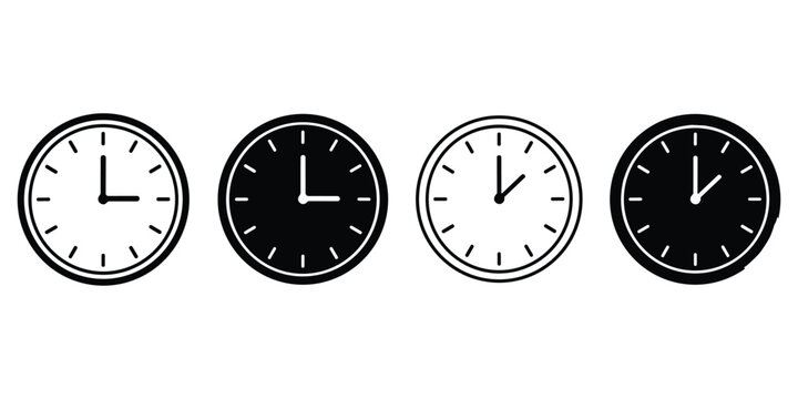 Four clock icons on transparent background, analog timepieces in different styles