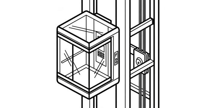 Modern glass elevator cabin ascending on a metal track.