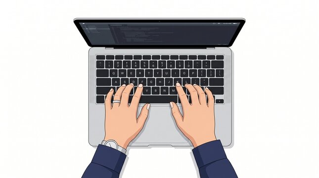 Close up of a programmer in a suit typing code on a laptop keyboard