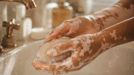 Fototapeta premium Close-up of woman with vitiligo washing hands with a bar of soap in bathroom. Macro shot of female person with skin pigmentation condition practicing daily hygiene routine