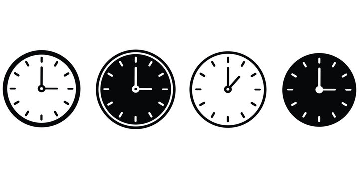 Set of black clock icons on transparent background featuring different styles and times displayed