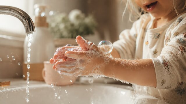 Close-up of a little child washing hands with soap bubbles in a bright bathroom. Cute kid practicing daily personal hygiene routine and playing with foam
