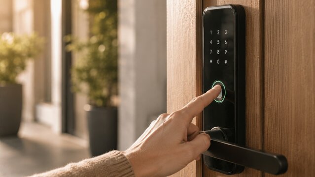 Close-up of a hand using fingerprint biometric scanner on smart electronic door lock. Person unlocking intelligent digital keypad handle on wooden entrance door