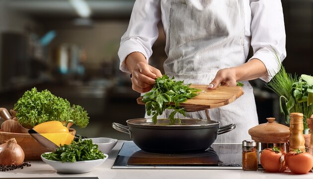 chef cooks fresh greens in the kitchen