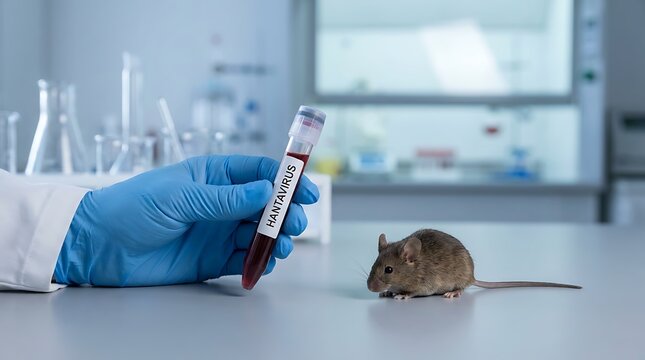 Scientist wearing blue gloves holds blood sample in test tube labeled hantavirus near laboratory mouse for infectious disease research and virology study.