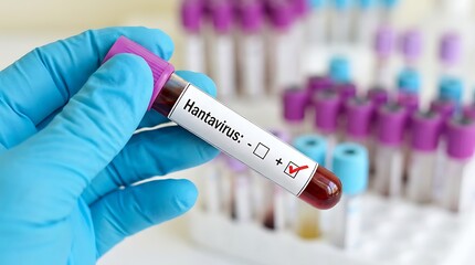 Obraz premium Blue gloved medical technician holding blood collection vial labeled positive for hantavirus in front of blurred clinical storage rack within science laboratory.