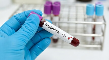 Obraz premium Medical professional in blue nitrile gloves holding glass blood collection test tube with hantavirus positive result label in research facility hospital environment.