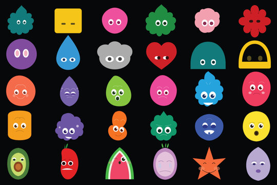 Set of Various Bright Doodle Shapes with Face Emotions. Cute Funny Characters. Different Figures. Hand Drawn Trendy Vector Illustration for Kids. Isolated,