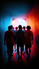 Fototapeta premium Soccer players walking through stadium tunnel toward bright pitch lights