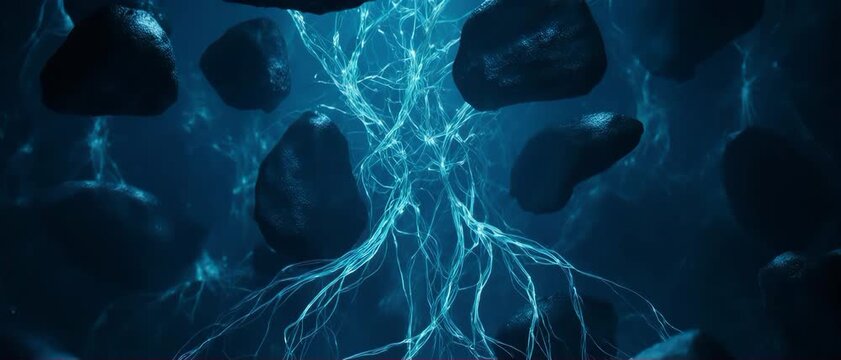 Glowing Cybernetic Neural Roots on Obsidian Stones Background