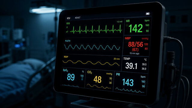 ICU Monitor Displaying Emergency Patient Vital Signs and Cardiac Data