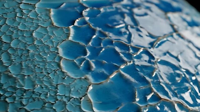 Closeup of Cracked Blue Ceramic Surface Texture Abstract Background.
