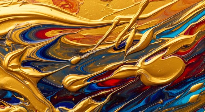 Gold paint flows over a rich background of red and blue to form a luxurious and textured surface design.