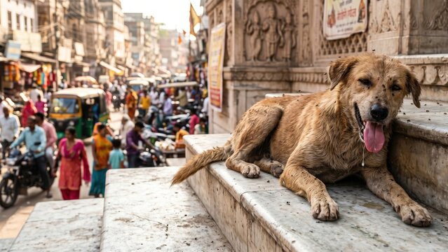 Panting Stray Dog On Cool Steps &mdash; Summer Heat