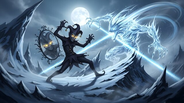 A dark jester with a magical mirror confronts a formidable ice elemental in an epic fantasy battle under the eerie glow of a full moon within a treacherous frozen realm