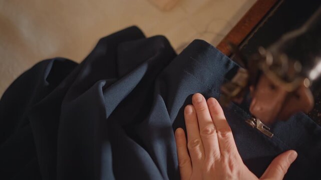 Closeup hand smoothing navy fabric under vintage presser foot, gentle tactile motion, warm studio light, sewing thread dust, slow focus on seam and texture, artisan attention to detail, quiet craft