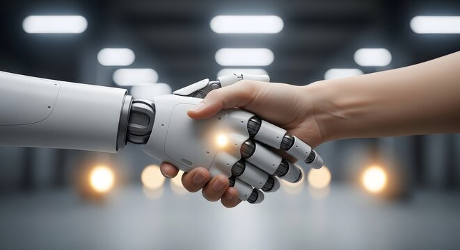 Human and robotic hand shaking in a futuristic setting