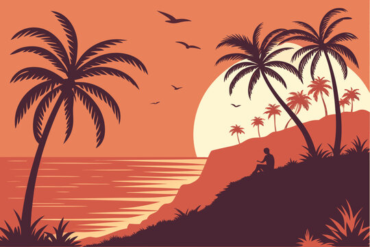 beautiful sunset landscape vector design with flying birds, palm trees in red and orange color