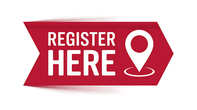 Red banner with text Register Here and location pin icon registration sign up