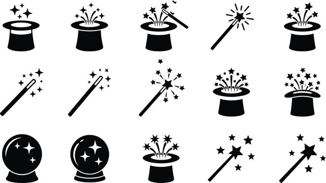 Magic Hat and Wand with Sparkles Icon Set