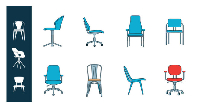 Collection of office and dining chair icons in various styles and colors for interior design and furniture catalog use.