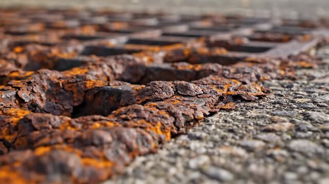 Rusty metal grate shows intricate corrosion and texture. Urban setting highlights wear and age. Concept of construction, industry, architecture