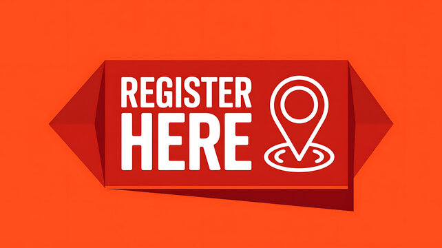 Red ribbon banner with white text REGISTERHERE and location pin icon register here