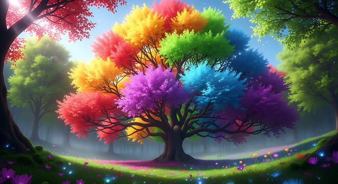 Vibrant rainbow tree illustration with colorful foliage on transparent background high quality