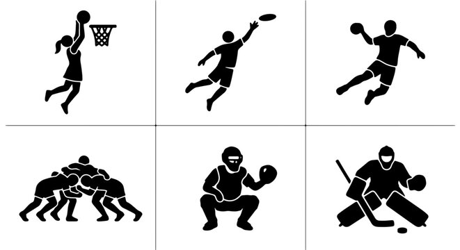 Diverse Sports Icons Set: Basketball, Ultimate Frisbee, Handball, Rugby, Baseball Catcher, Ice Hockey Goalie, Dynamic Action Silhouettes