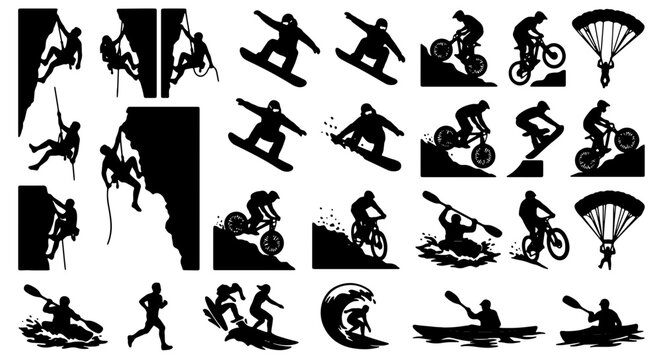 Extreme Sports Silhouette Collection, Action Adventure Vector Icons, Mountain Climbing, Snowboarding, BMX, Kayaking, Surfing, Paragliding, Running, Dynamic Outdoor Activities